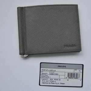 Prada Mens Saffiano Grey Leather Money Clip Wallet